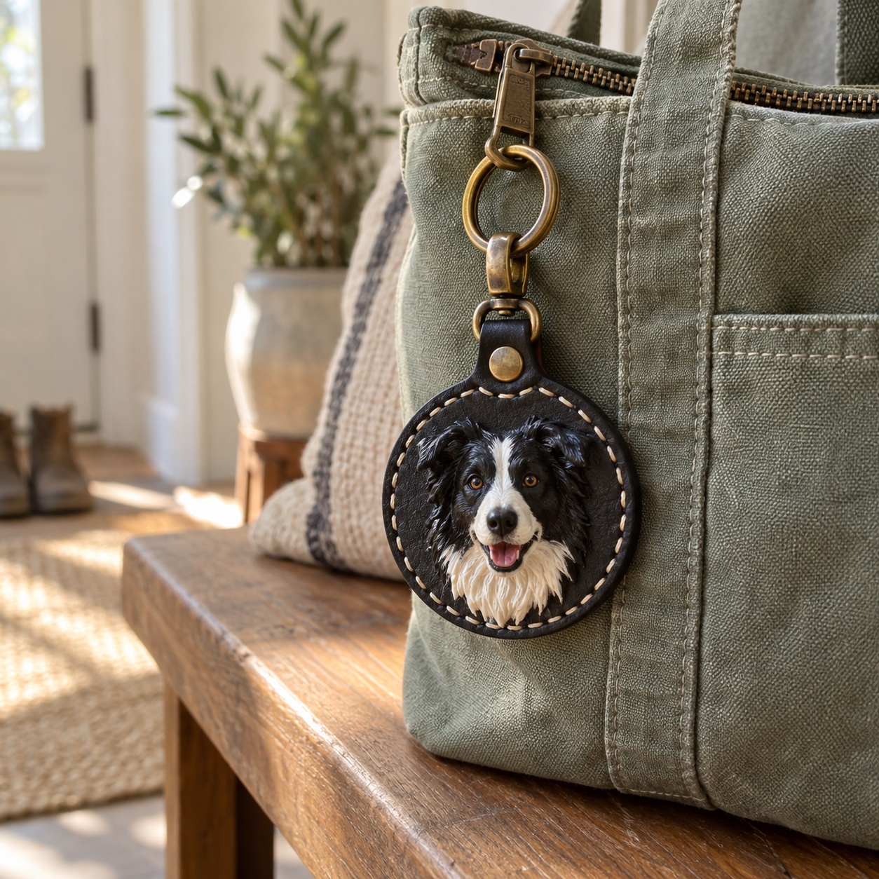Handmade border collie portrait keychain attached to a canvas tote bag