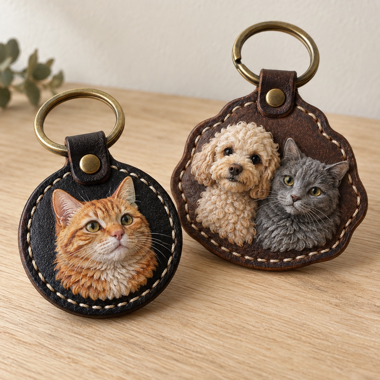 Single-pet and two-pet handmade portrait keychain options